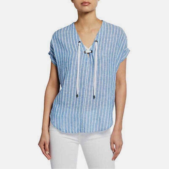 Rails Womens XS Jeri Lace Up Shirt Top Blue White St. Germain Stripe Linen Rayon - Picture 1 of 11